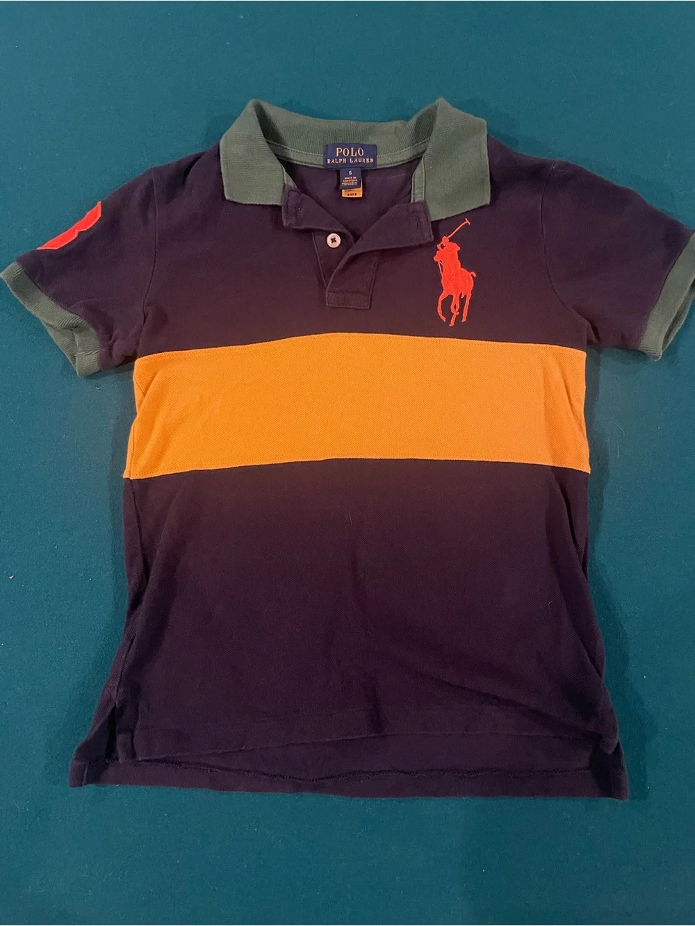 Polo by Ralph Lauren Navy Polo with Gold Stripe & Orange Logo